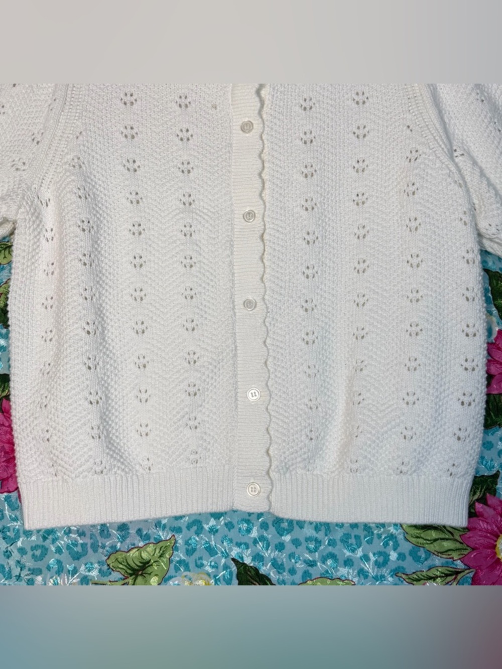 Women's White Short-Sleeve Knit Button-Down Cardigan - Picture 6 of 16